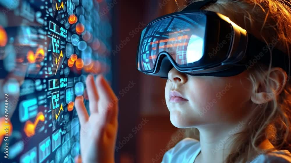 In a science lab, a little girl uses virtual reality to learn about chemical structure.A young girl in a science lab utilising virtual reality to learn about chemical structure In a science lab, a little girl uses virtual reality to learn about chemical structure.A young girl in a science lab utilising virtual reality to learn about chemical structure