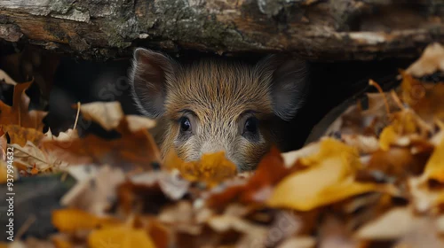 Obraz Młody dzik wychyla się spośród opadłych liści i uważnie przygląda się otoczeniu w lesie, częściowo ukryty za drewnianym pniem.