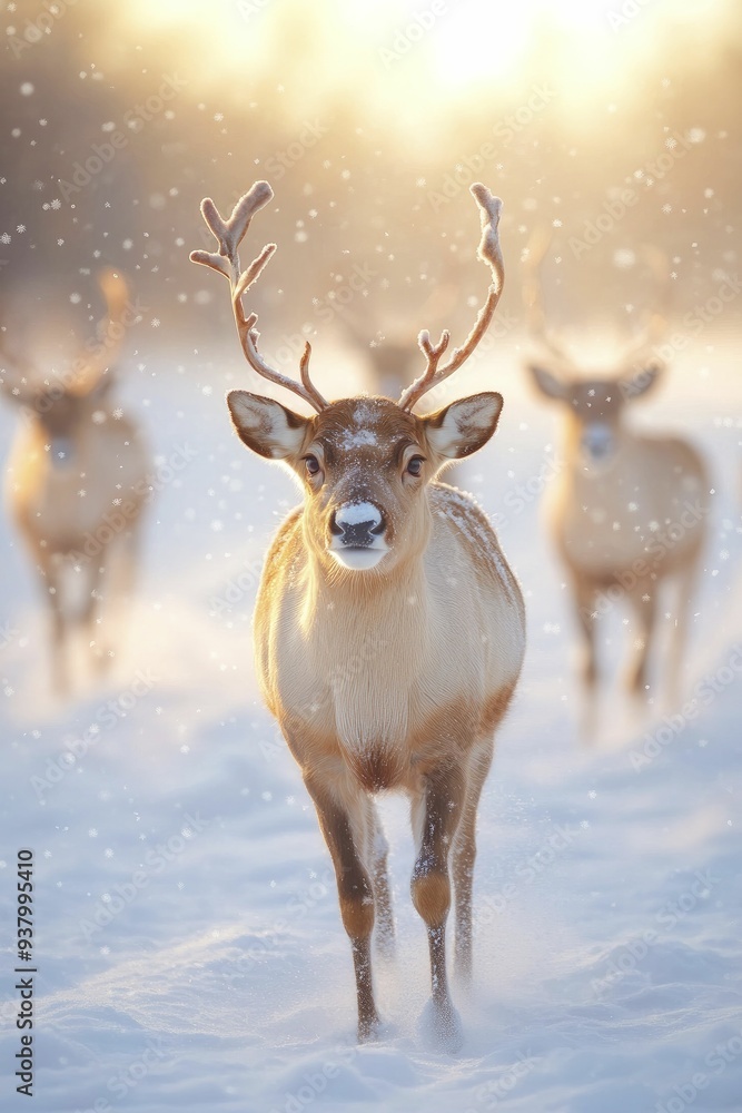A whimsical gathering of reindeer frolicking in the snow, embodying the magic of winter festivities A whimsical gathering of reindeer frolicking in the snow, embodying the magic of winter festivities