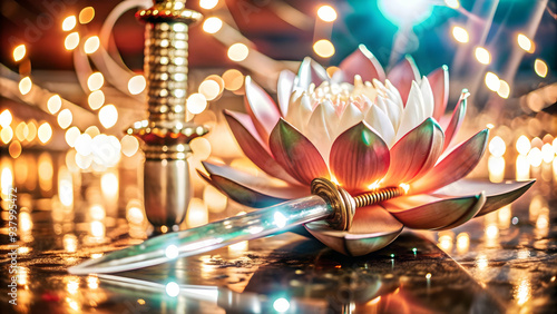 Holographic Lotus and Sword with Honor Text concept as A refined photo featuring a glowing holographic lotus and sword symbolizing honor and righteousness in Dussehra. The design includes ample copy s photo