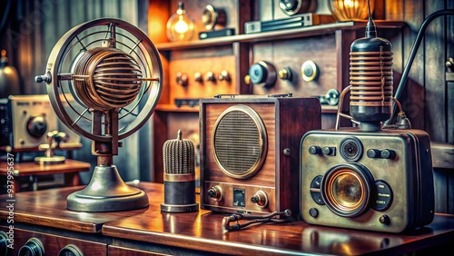 Retro-style analog radio transmitter broadcasting sound waves through vintage microphone, surrounded by dials, switches, and wires, evoking nostalgia for classic communication era.