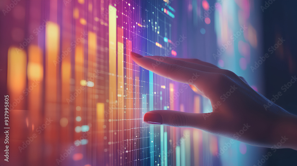 Close-up image of a person's hand interacting with a futuristic screen. Close-up image of a person's hand interacting with a futuristic screen.