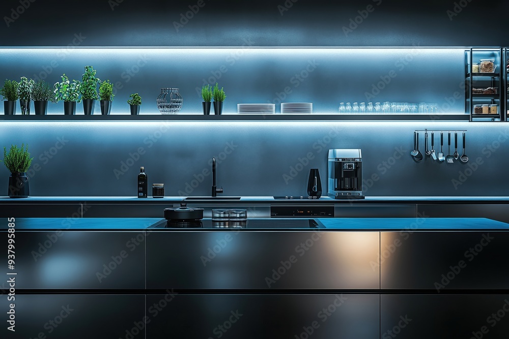 Futuristic kitchen with AI chefs, voice-controlled recipe navigation, smooth metallic surfaces, and virtual shopping integration, No logo, No Trademark, No text, minimal concept with copy space for Futuristic kitchen with AI chefs, voice-controlled recipe navigation, smooth metallic surfaces, and virtual shopping integration, No logo, No Trademark, No text, minimal concept with copy space for