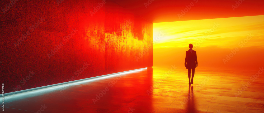Fototapeta premium A solitary figure walking towards a vibrant sunset, illuminating a dramatic space with warm and cool tones.