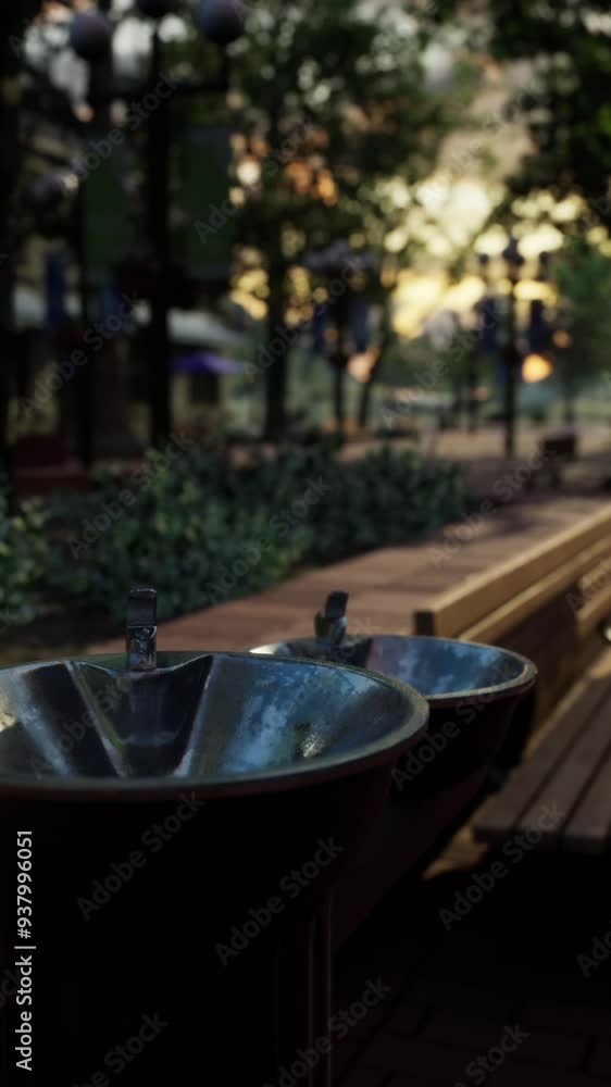 closeup of a drinking water fountain in a park on sunset closeup of a drinking water fountain in a park on sunset