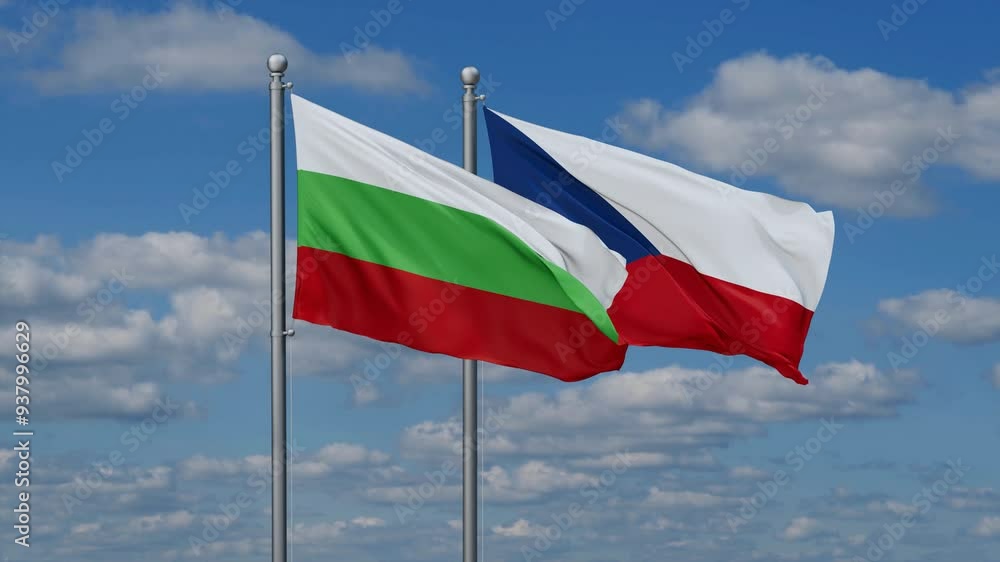 Czech Republic and Bulgaria flags flying together, video concept of the relationship, two country relations concept Czech Republic and Bulgaria flags flying together, video concept of the relationship, two country relations concept