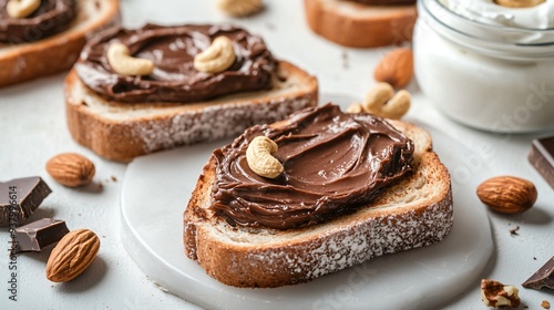 Delicious Chocolate Paste Toast with Nuts and Jar of Cocoa Spread