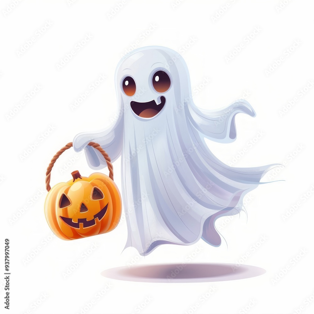Cute ghost floating with Halloween pumpkin basket for Trick or Treat. Funny spooky boo character. Spook phantom with happy smiling face expression. Isolated Cute ghost floating with Halloween pumpkin basket for Trick or Treat. Funny spooky boo character. Spook phantom with happy smiling face expression. Isolated