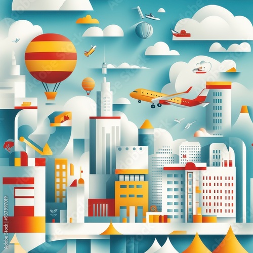 a colorful illustration of a city with buildings and balloons
