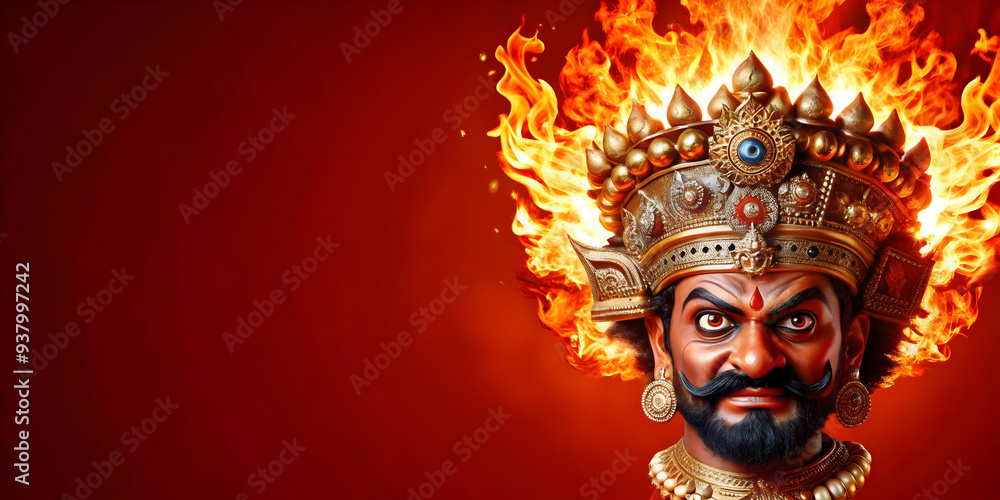 Holographic Ravana Head and Fire with Destruction Text concept as A powerful photo featuring a glowing holographic Ravana head with flames symbolizing the destruction of evil in Dussehra. The design i Holographic Ravana Head and Fire with Destruction Text concept as A powerful photo featuring a glowing holographic Ravana head with flames symbolizing the destruction of evil in Dussehra. The design i