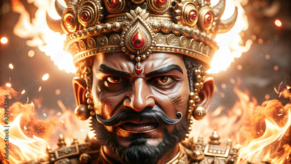 Holographic Ravana Head and Fire with Destruction Text concept as A powerful photo featuring a glowing holographic Ravana head with flames symbolizing the destruction of evil in Dussehra. The design i Holographic Ravana Head and Fire with Destruction Text concept as A powerful photo featuring a glowing holographic Ravana head with flames symbolizing the destruction of evil in Dussehra. The design i