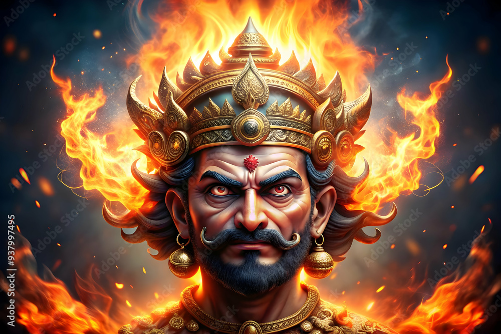Holographic Ravana Head and Fire with Destruction Text concept as A powerful photo featuring a glowing holographic Ravana head with flames symbolizing the destruction of evil in Dussehra. The design i Holographic Ravana Head and Fire with Destruction Text concept as A powerful photo featuring a glowing holographic Ravana head with flames symbolizing the destruction of evil in Dussehra. The design i