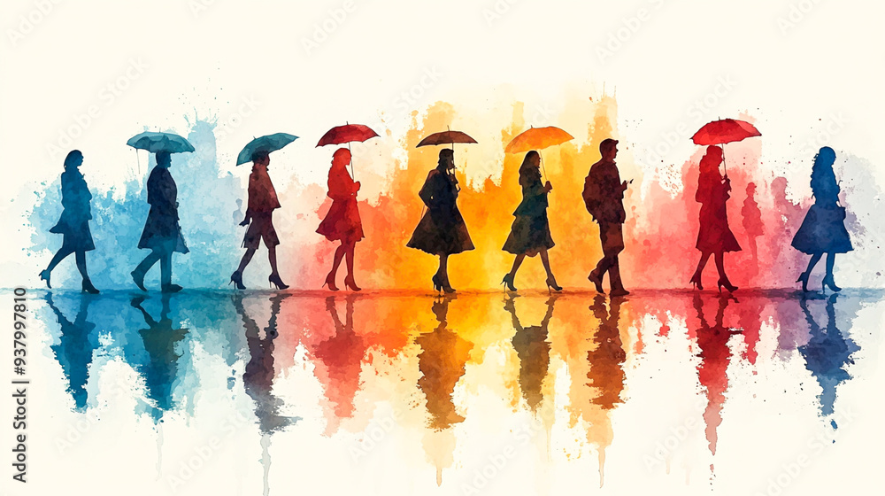 Obraz premium Vogue in Watercolors: Stylish Individuals Posing Artistically in a Vibrant Scene