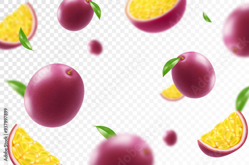 Flying ripe passion fruit. Bright advertising background falling juicy passion fruit, realistic illustration with blurred effect. 3d vector design for advertising banners and web page design