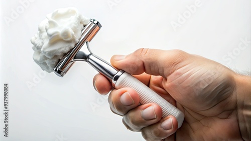 A close-up view of a person's hand holding a shaving razor, with foam covering the blade, against a clean white background. photo