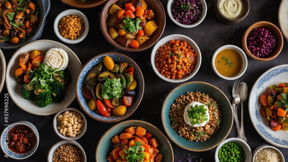 Colorful vegan dishes with diverse vegetables and legumes on dark rustic background Colorful vegan dishes with diverse vegetables and legumes on dark rustic background