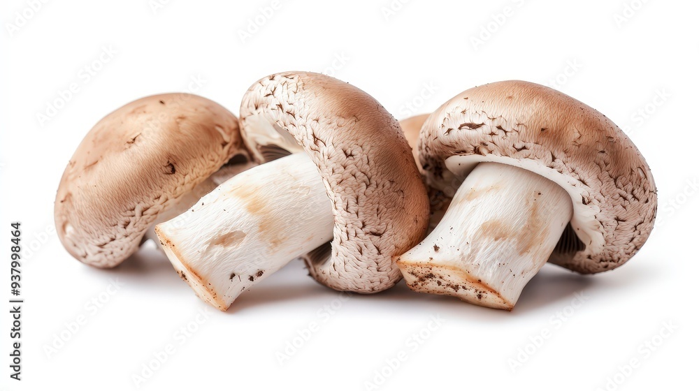 Three brown cremini mushrooms isolated on white background. Three brown cremini mushrooms isolated on white background.