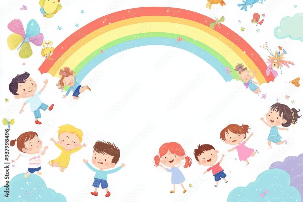 children playing in the sky with a rainbow children playing in the sky with a rainbow