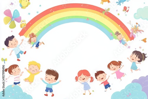 children playing in the sky with a rainbow