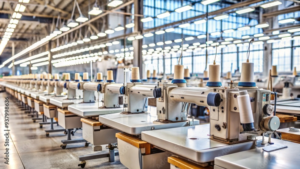 Row of industrial sewing machines lined up in a modern factory, with rolls of fabric and threads scattered around, depicting busy textile production process. Row of industrial sewing machines lined up in a modern factory, with rolls of fabric and threads scattered around, depicting busy textile production process.