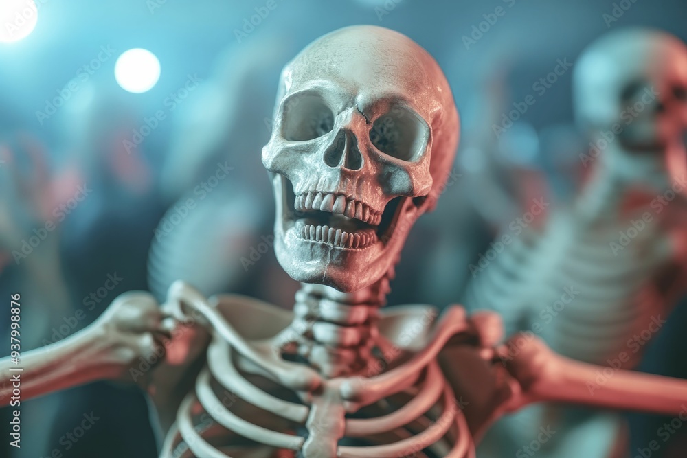 Eerie Dance of the Skeletons Under a Full Moon with Colorful Streamers and Spooky Atmosphere Eerie Dance of the Skeletons Under a Full Moon with Colorful Streamers and Spooky Atmosphere