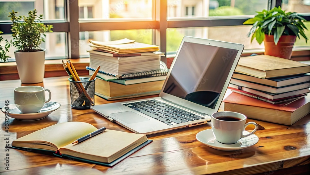 A cluttered desk with a laptop, papers, and coffee cups surrounded by books, notebooks, and a calendar, symbolizing a busy self-publishing author's workspace. A cluttered desk with a laptop, papers, and coffee cups surrounded by books, notebooks, and a calendar, symbolizing a busy self-publishing author's workspace.