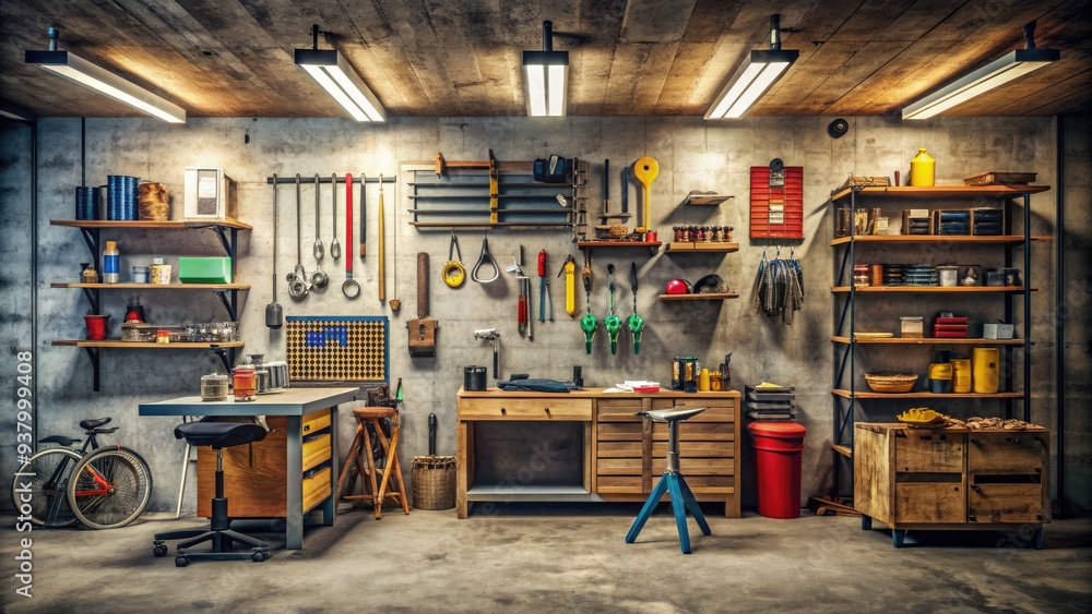 A cluttered garage with various tools, equipment, and storage units against a concrete wall, illuminating a sense of organization and industriousness. A cluttered garage with various tools, equipment, and storage units against a concrete wall, illuminating a sense of organization and industriousness.