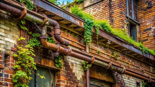 Wallpaper Mural Rusted steel gutters cling to a worn, vintage brick facade, exhibiting signs of weathered decay and neglect amidst a backdrop of overgrown vines and moss. Torontodigital.ca