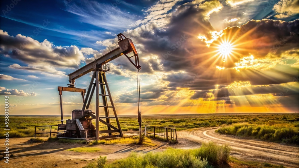 Rustic oil pumpjack stands tall amidst a vast, sun-drenched Texan landscape, its metal arms rhythmically moving up and down, extracting black gold from the earth. Rustic oil pumpjack stands tall amidst a vast, sun-drenched Texan landscape, its metal arms rhythmically moving up and down, extracting black gold from the earth.