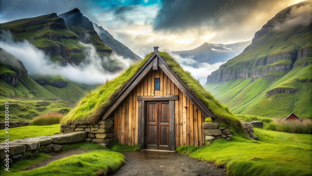 Rustic timber-framed Viking house with turf roof and wooden door, set amidst a serene Icelandic landscape with misty mountains and lush greenery in the background.
