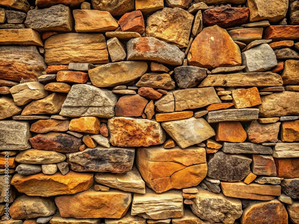 Rustic, weathered stone wall serves as a natural, textured background, composed of irregularly shaped, earth-toned rocks stacked upon one another in a sturdy, organic formation.