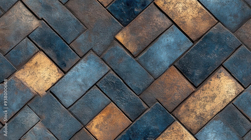 seamless pattern, A textured surface of interlocking bricks featuring shades of blue and gold, perfect for backgrounds or architectural designs. seamless pattern, A textured surface of interlocking bricks featuring shades of blue and gold, perfect for backgrounds or architectural designs.