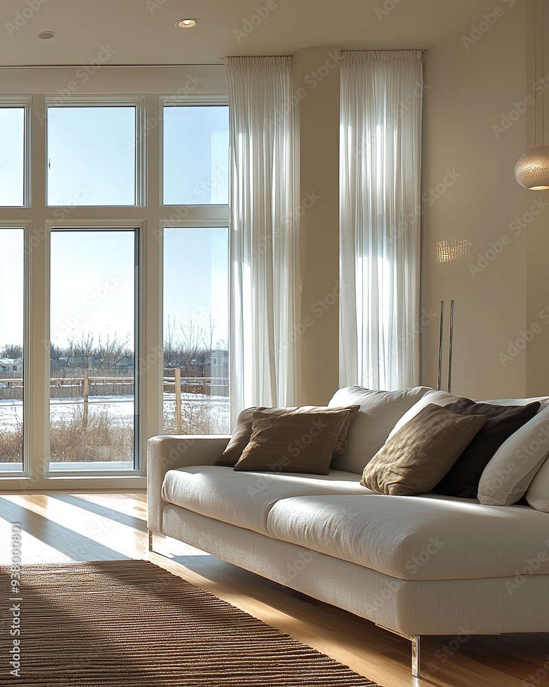 Fototapeta premium Create a modern living space with a minimalist approach, showcasing a sleek sofa positioned against a backdrop of smooth, neutral-colored walls. Large, unadorned windows should allow natural light to