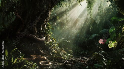 Fototapeta Naklejka Na Ścianę i Meble -  Serpent in Sunlit Jungle Clearing - A large snake winds around an ancient tree in a sunlit jungle clearing, with beams of light filtering through the dense foliage.