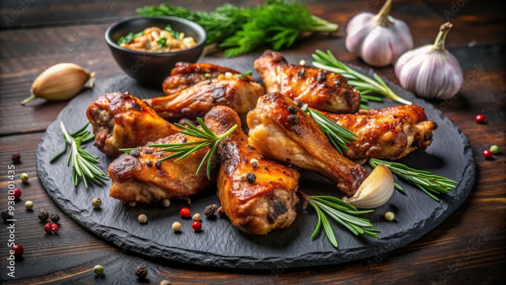 Savory grilled chicken wings infused with garlic and rosemary, artfully arranged on a rustic slate plate against a dramatic dark background. Savory grilled chicken wings infused with garlic and rosemary, artfully arranged on a rustic slate plate against a dramatic dark background.