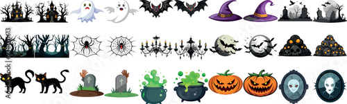 Collection of Halloween-themed illustrations featuring ghosts, bats, pumpkins, haunted houses, witches hats, and more. Perfect for spooky designs and decorations.
