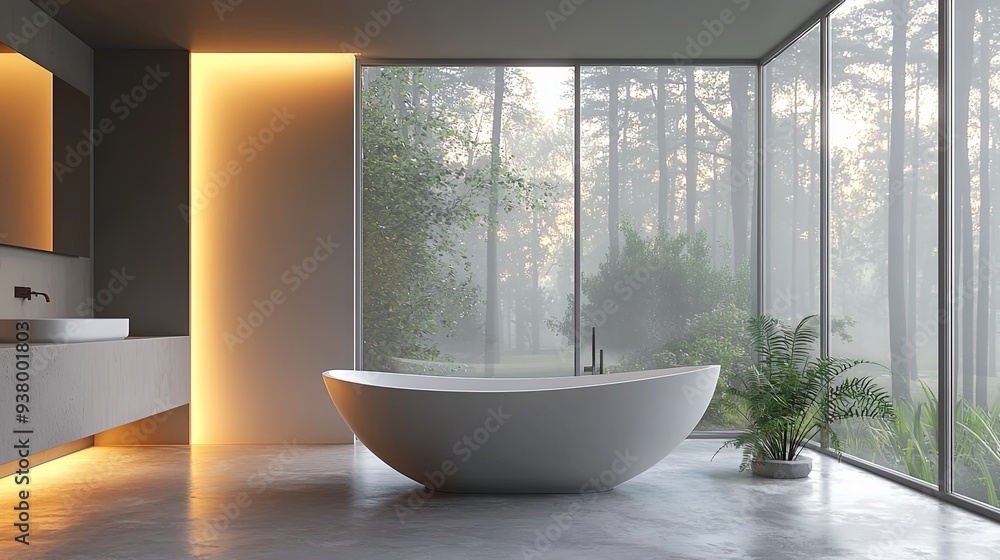 Create a modern bathroom interior with a minimalist design, highlighting a sleek freestanding bathtub placed near large windows that allow soft natural light to fill the space. The room should have a Create a modern bathroom interior with a minimalist design, highlighting a sleek freestanding bathtub placed near large windows that allow soft natural light to fill the space. The room should have a