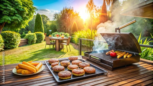 Savory smoke rises from sizzling burgers and hot dogs on a gas grill, perfectly positioned on a sunny, furnished backyard deck with a garden view. photo