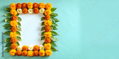 Marigold and Mango Leaves Garland Frame concept as Vertical frame with marigold flowers and mango leaves arranged on the top and bottom edges providing a vibrant and traditional Dussehra themed copy s photo