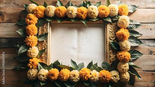 Marigold and Mango Leaves Garland Frame concept as Vertical frame with marigold flowers and mango leaves arranged on the top and bottom edges providing a vibrant and traditional Dussehra themed copy s photo