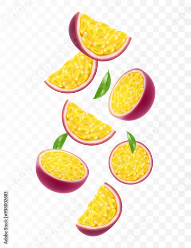 Flying ripe passion fruit. Bright advertising background falling juicy passion fruit, realistic illustration with blurred effect. 3d vector design for advertising banners and web page design