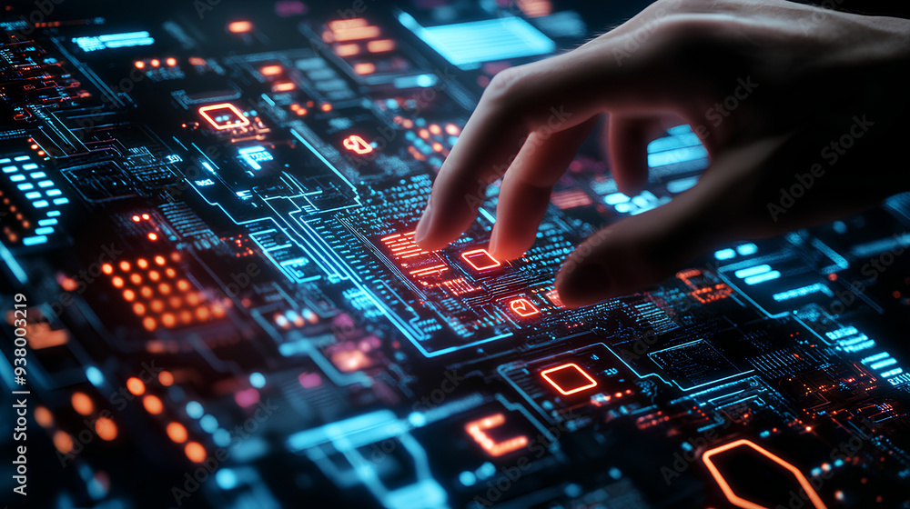Close-up image of a person's hand interacting with a futuristic screen. Close-up image of a person's hand interacting with a futuristic screen.