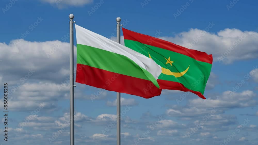Mauritania and Bulgaria flags flying together, video concept of the relationship, two country relations concept Mauritania and Bulgaria flags flying together, video concept of the relationship, two country relations concept
