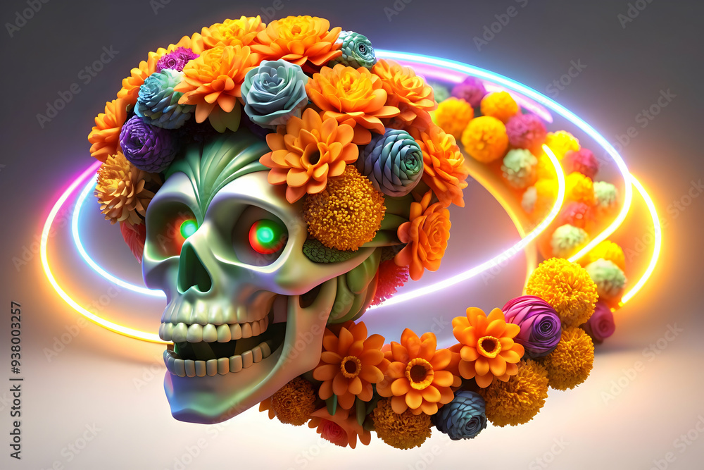 Neon Marigold Wreath with Digital Glowing Skulls concept as A striking digital artwork featuring a neon marigold wreath with glowing skulls intertwined set against an abstract background with dynamic Neon Marigold Wreath with Digital Glowing Skulls concept as A striking digital artwork featuring a neon marigold wreath with glowing skulls intertwined set against an abstract background with dynamic