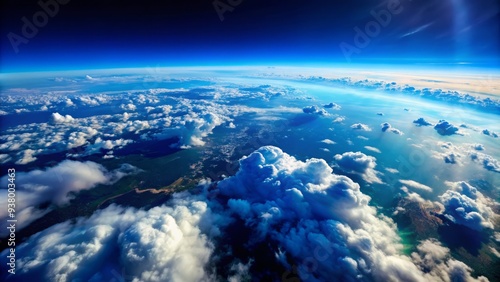 Serene aerial view of the curvature of the Earth, with fluffy white clouds scattered across the blue atmosphere, capturing the beauty of our planet's horizon.