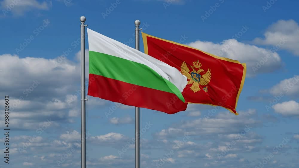 Montenegro and Bulgaria flags flying together, video concept of the relationship, two country cooperation concept Montenegro and Bulgaria flags flying together, video concept of the relationship, two country cooperation concept