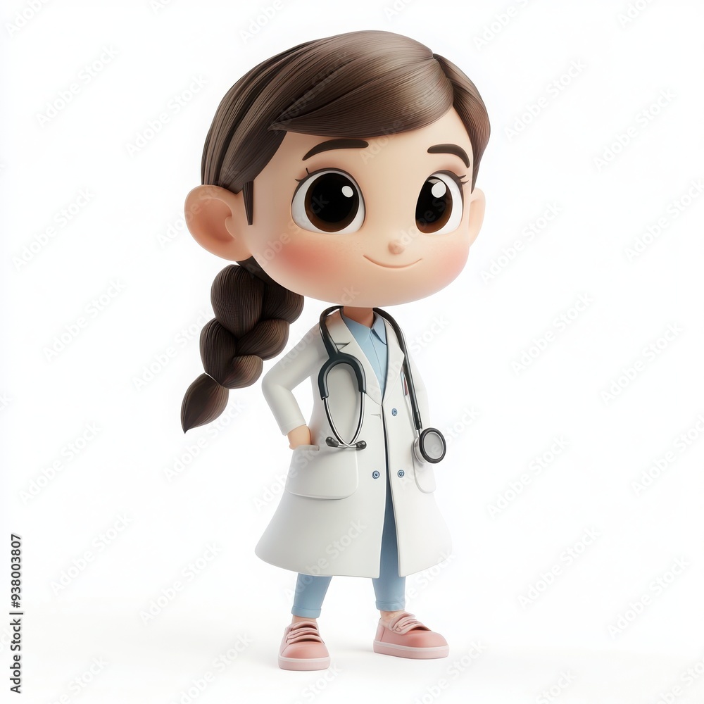 Charming Cartoon Girl Doctor, a delightful 3D illustration featuring a friendly young physician with a large head, big eyes, and a warm smile against a bright white backdrop. Charming Cartoon Girl Doctor, a delightful 3D illustration featuring a friendly young physician with a large head, big eyes, and a warm smile against a bright white backdrop.