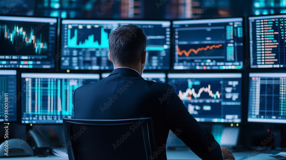 A businessman in a dark suit, immersed in the energy of a trading floor, observing multiple monitors filled with stock market data and financial news. His posture is tense yet cont A businessman in a dark suit, immersed in the energy of a trading floor, observing multiple monitors filled with stock market data and financial news. His posture is tense yet cont