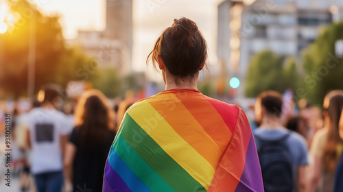 From the back, a person wrapped in a bright rainbow flag stands amidst a diverse crowd, the flagâs vivid colors flowing down their back. The rich textures and sharp edges of the fl photo