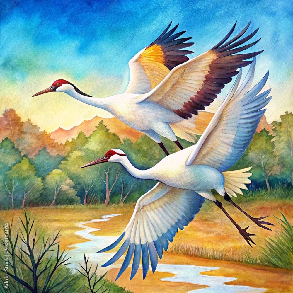 Two whooping crane birds - Grus americana - is an endangered crane species, native to North America named for its whooping calls flying in flight with blue sky and tree line background